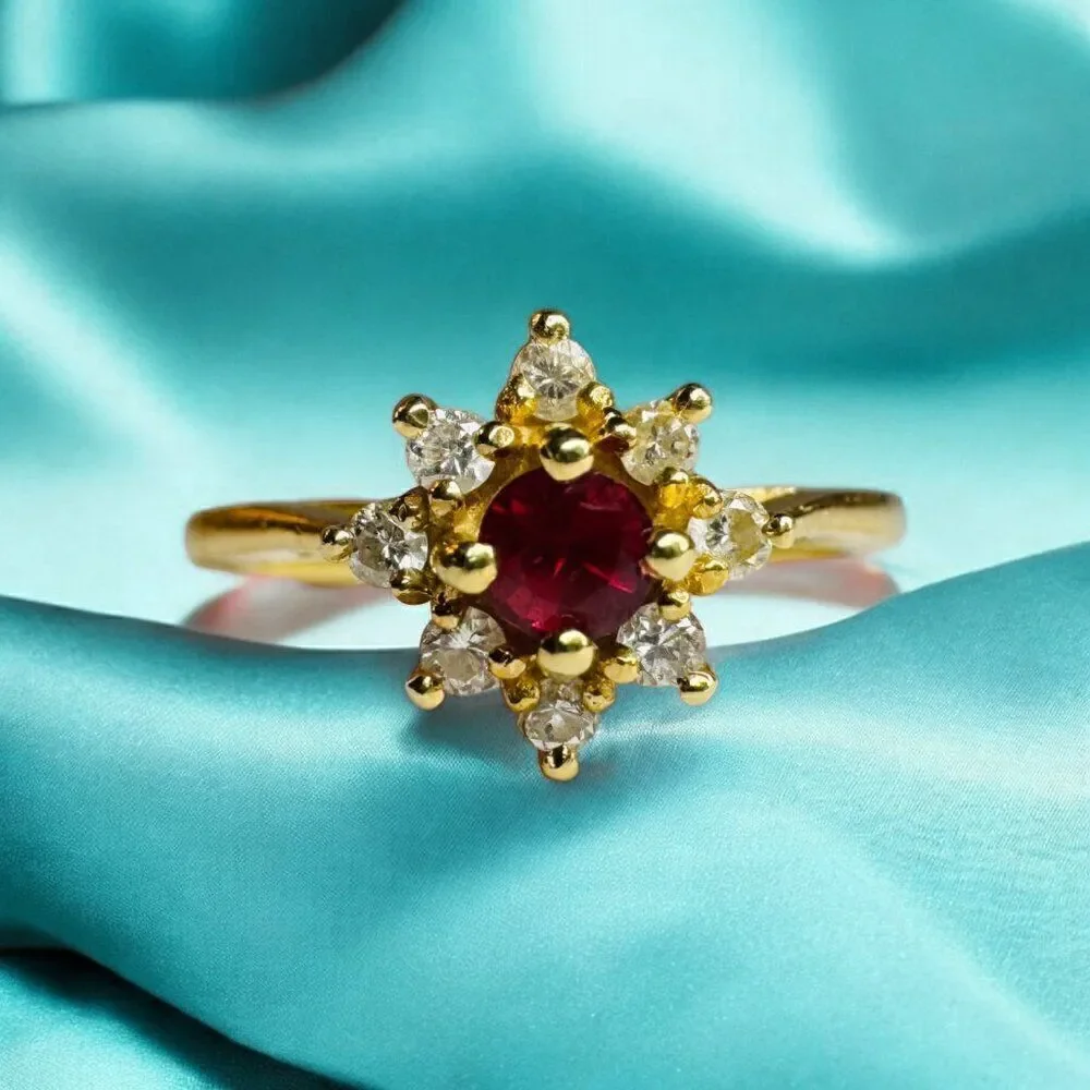 14k Gold Natural Burmese Red Ruby & Diamond Ring Sz 5.75 Earth Mined Flower Ring